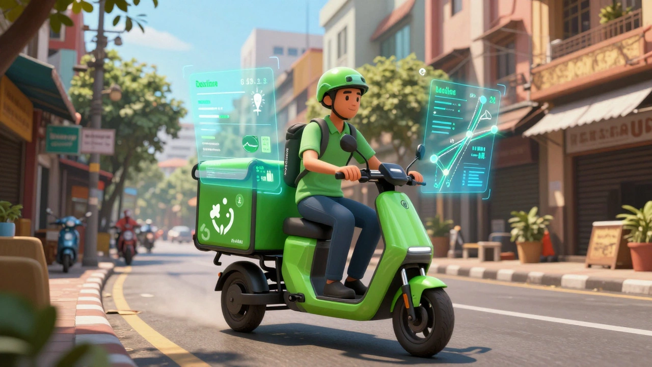 Electric cargo bike delivering packages in a vibrant Indian city street