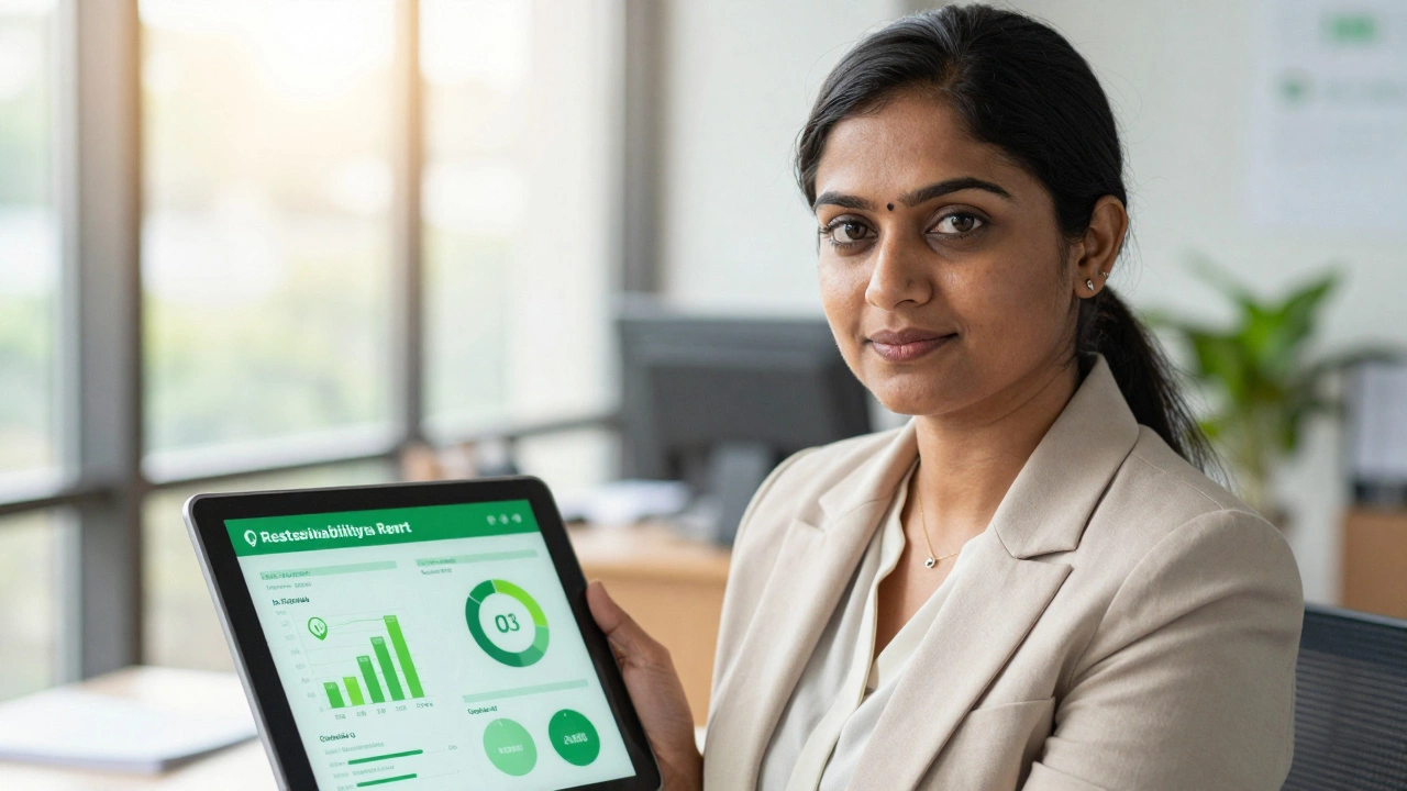 Female freight forwarder reviewing sustainability data on a tablet