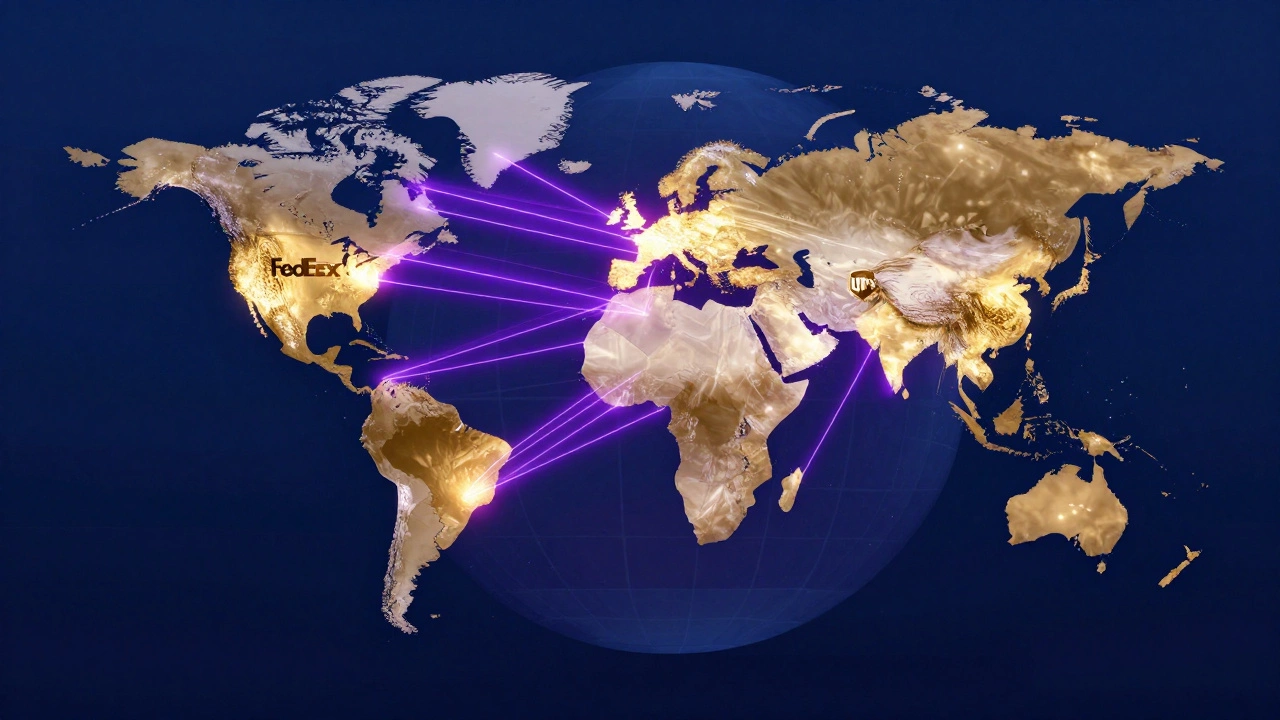 Globe with glowing lines showing FedEx and UPS global network strengths