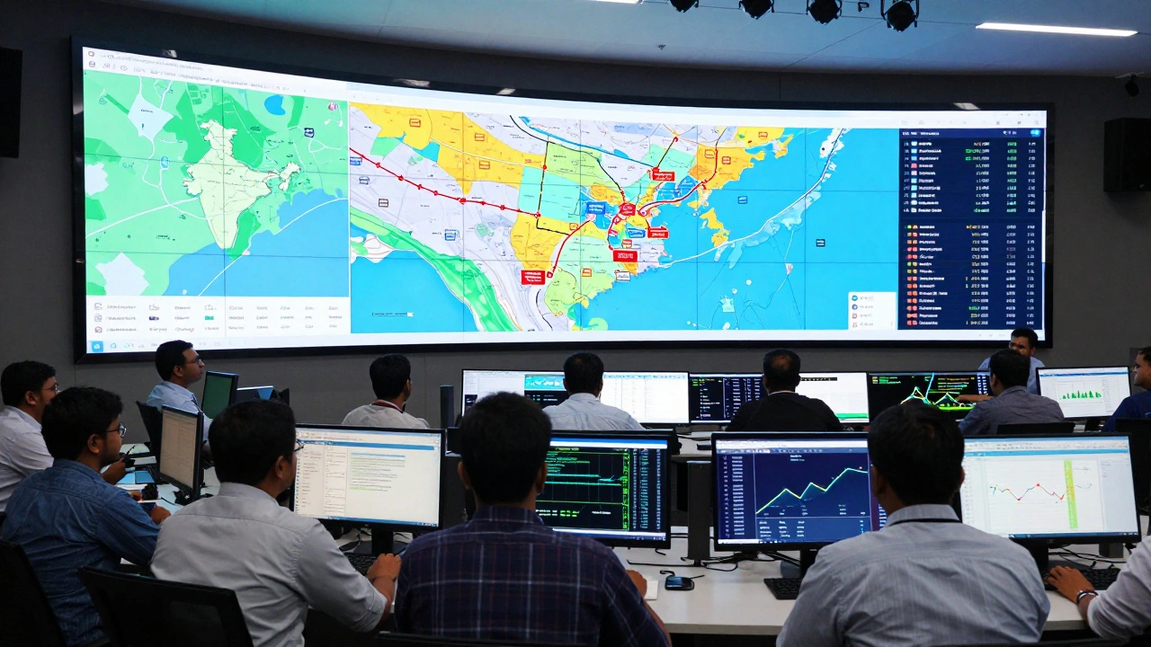 Logistics team in an Indian control room analyzing delivery routes and cost data