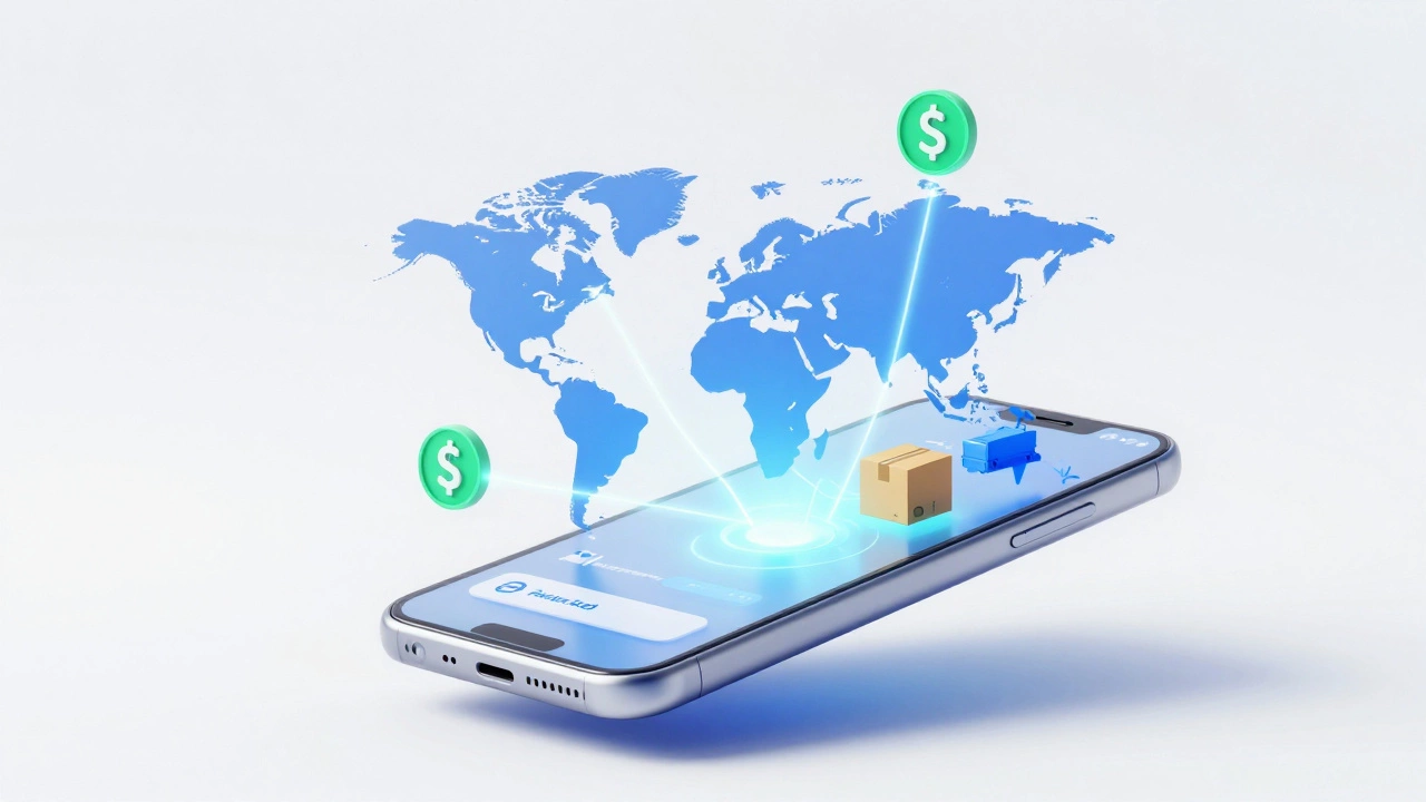 Smartphone displaying digital shipping comparison tools with global route icons.