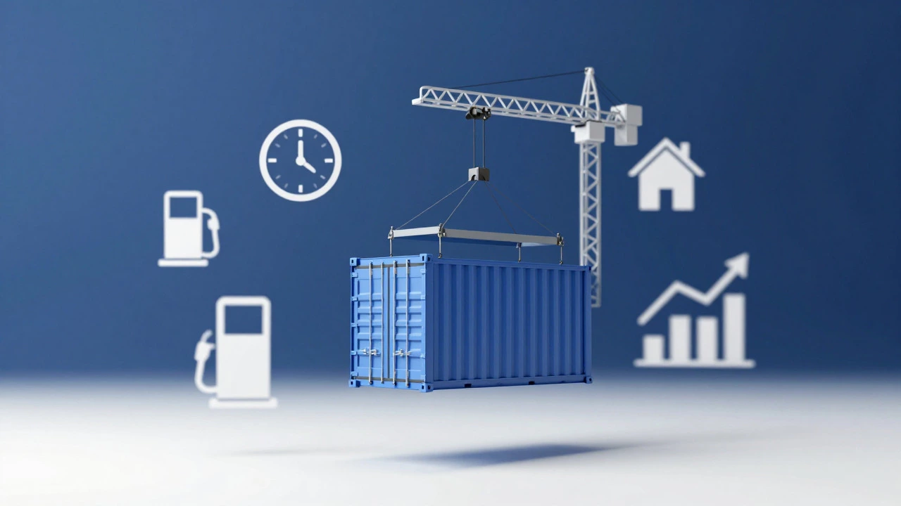 Abstract icons representing logistics surcharges around a shipping container