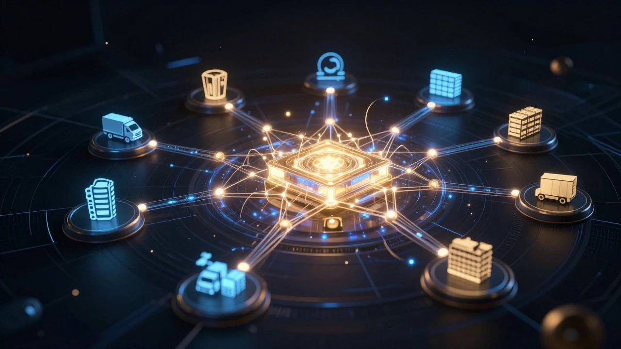 Abstract visualization of AI neural networks optimizing global supply chain logistics.