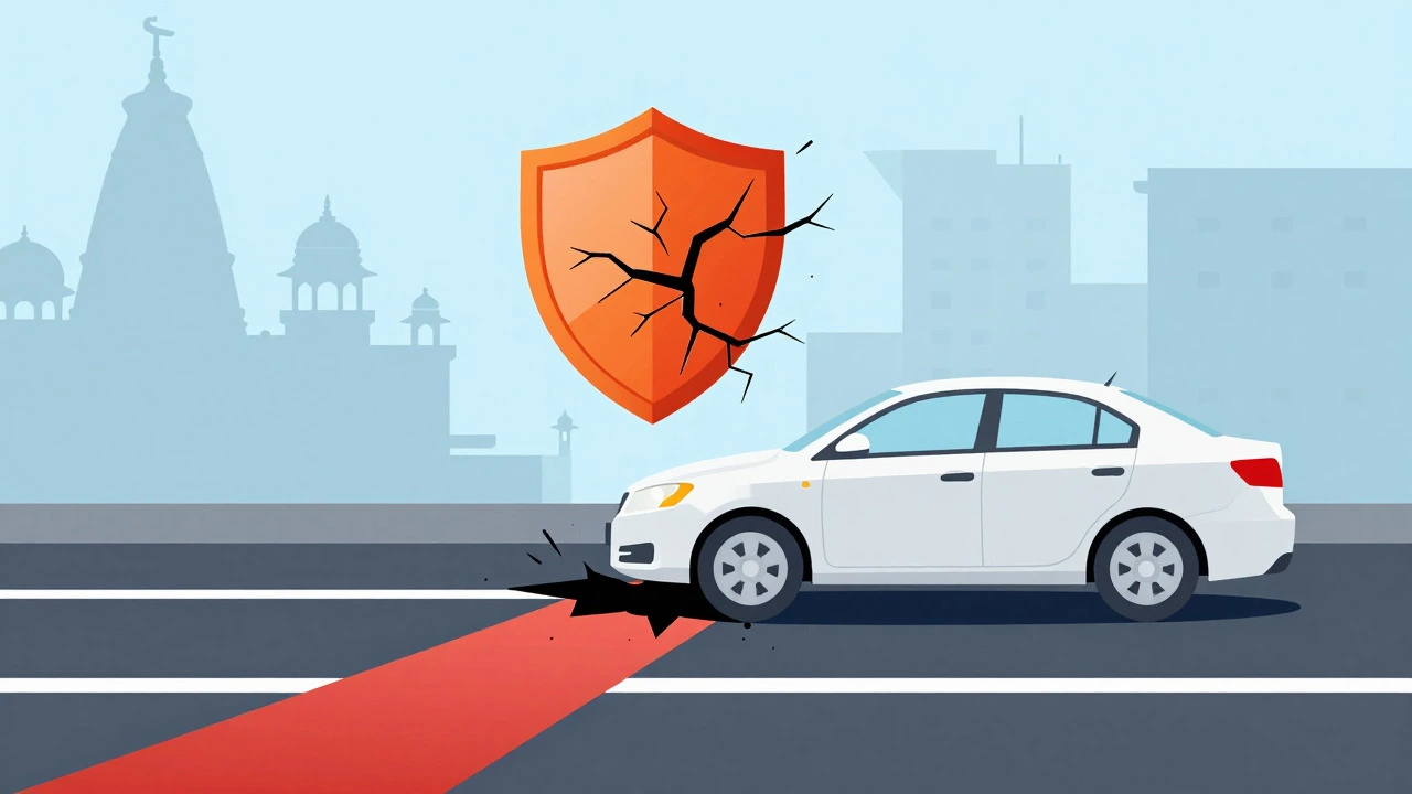 Car driving over a broken road representing insurance gaps