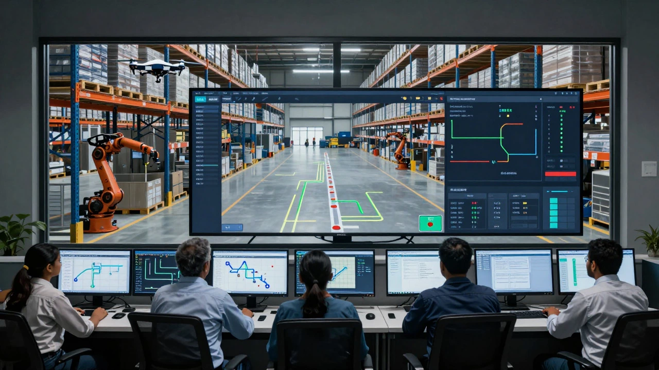 Control room staff monitoring digital twin simulations of an automated warehouse floor