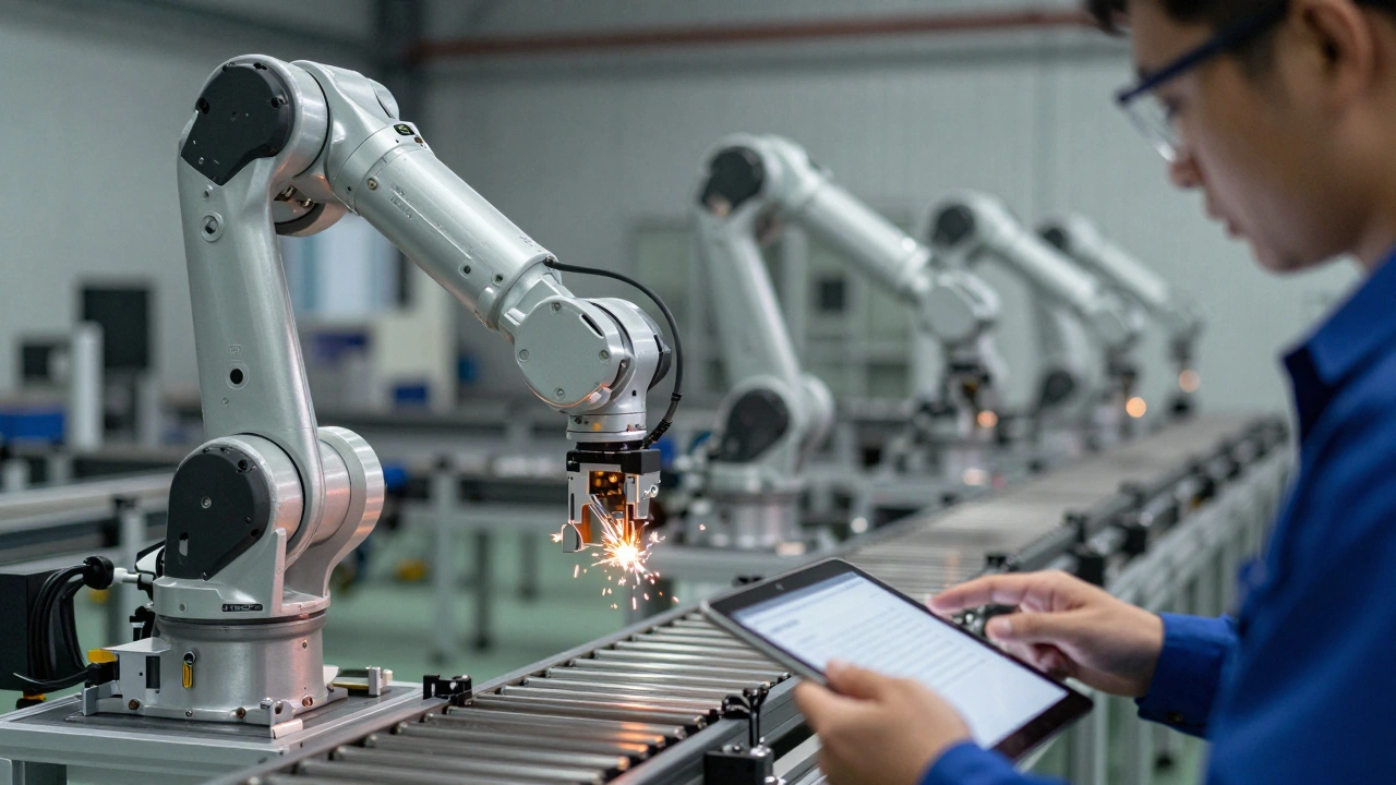 Engineer maintaining robotic conveyor system in warehouse
