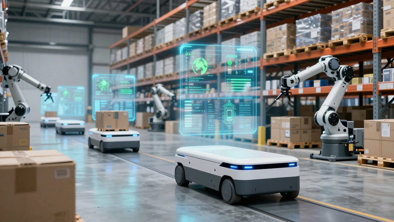 Futuristic automated warehouse with robots and holographic data displays.