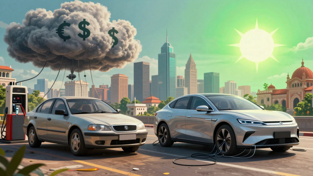 Gas car vs electric vehicle comparison with insurance themes