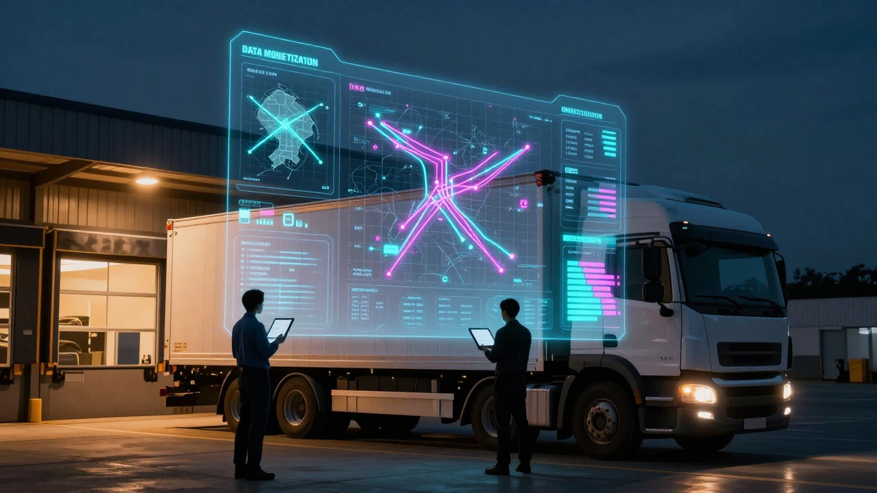 Holographic data dashboard floating above a delivery truck at night