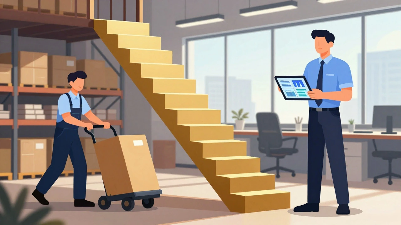 Illustration contrasting entry-level warehouse work with senior management strategy.