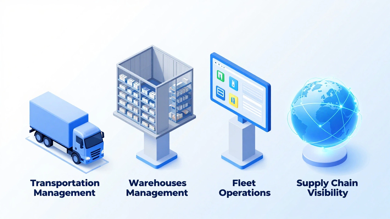 Isometric 3D illustration of four logistics software categories without text.