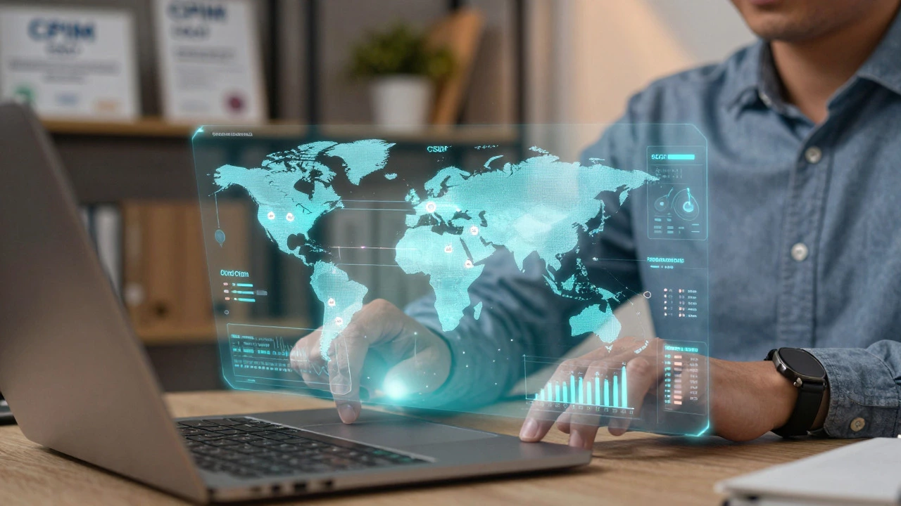 Professional analyzing holographic supply chain data in a modern office.