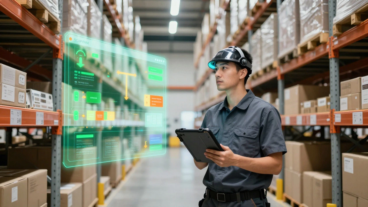Warehouse worker using tablet and AR tech for efficient picking in a modern facility.