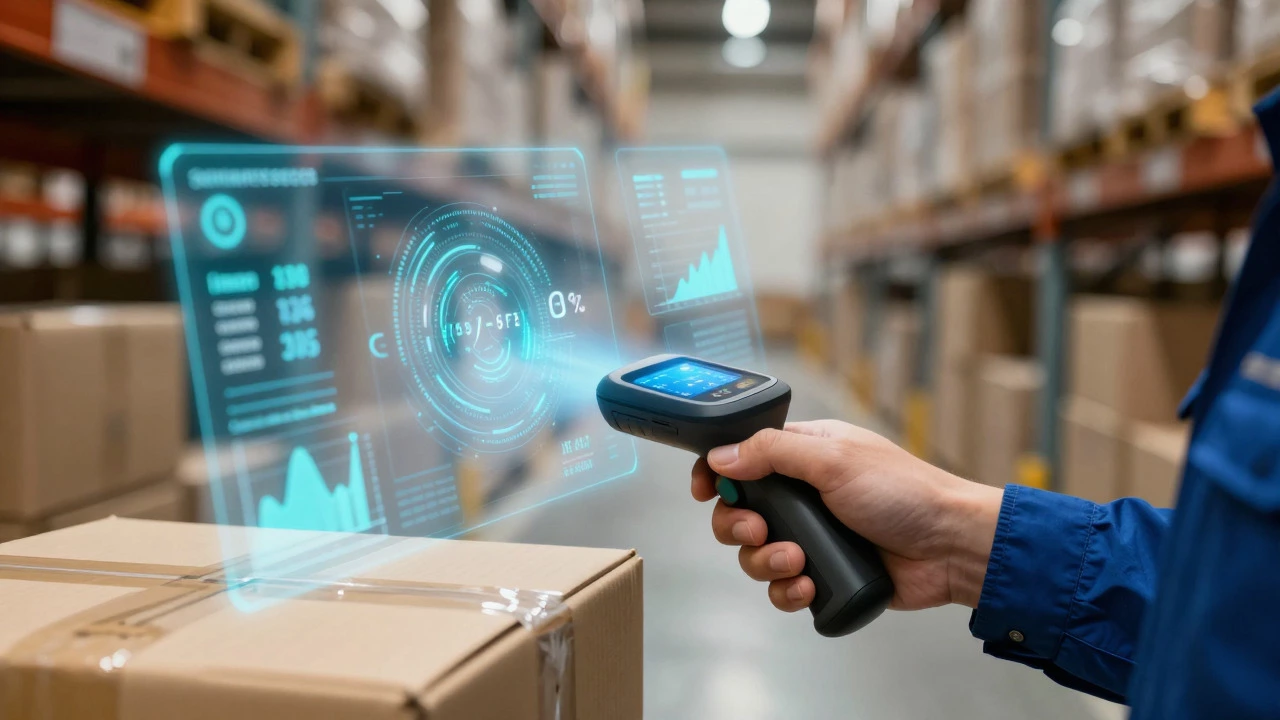 Worker using smart scanner with holographic IoT data overlays in a modern warehouse
