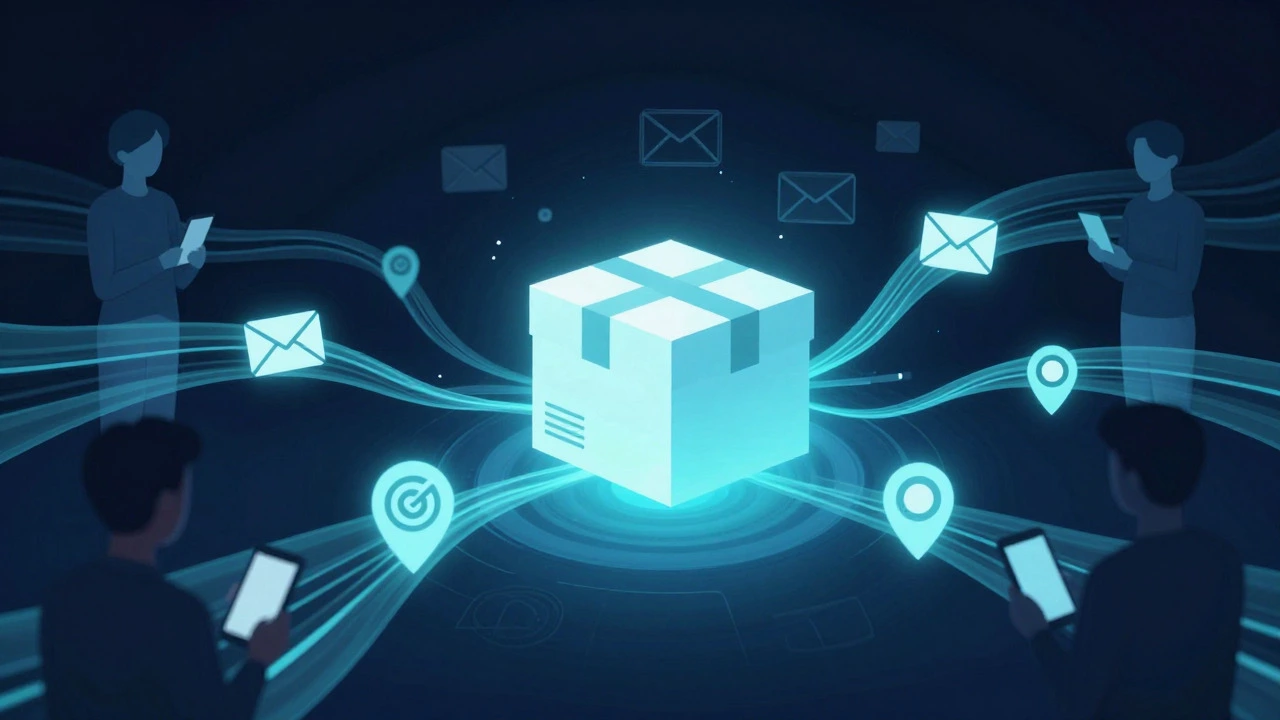 Abstract illustration of a package emitting light waves representing tracking updates