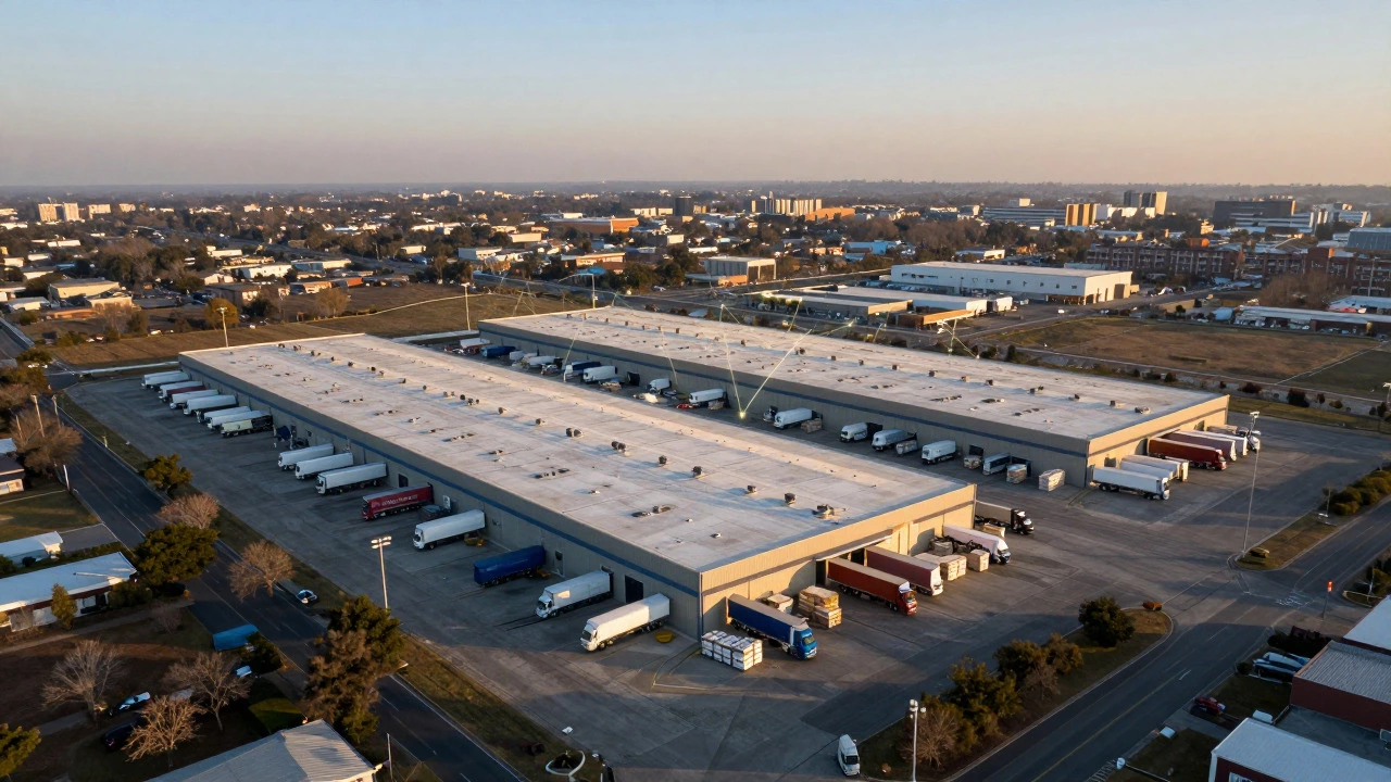 Aerial view of a logistics hub with trucks connected to distant cities by light lines