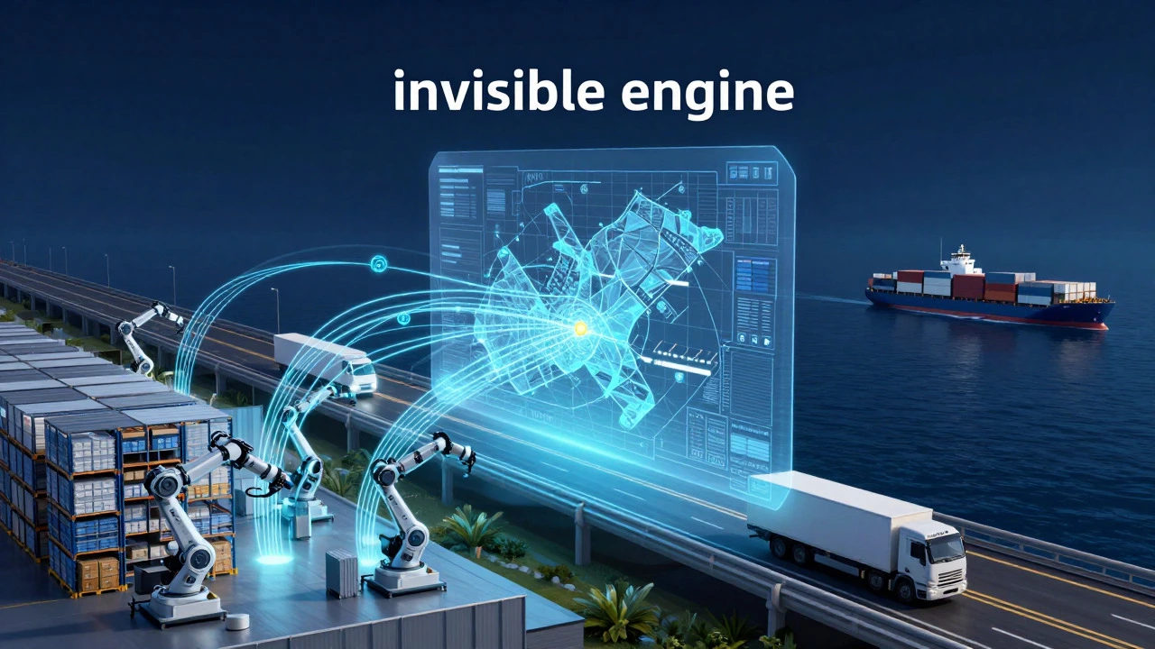 Digital illustration of data streams connecting warehouses, trucks, and ships in a supply chain