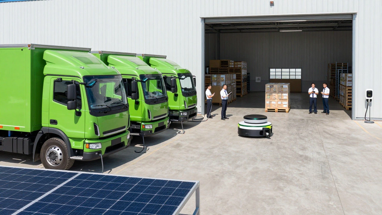 Electric trucks charging in a solar-powered yard with autonomous robots inside the warehouse