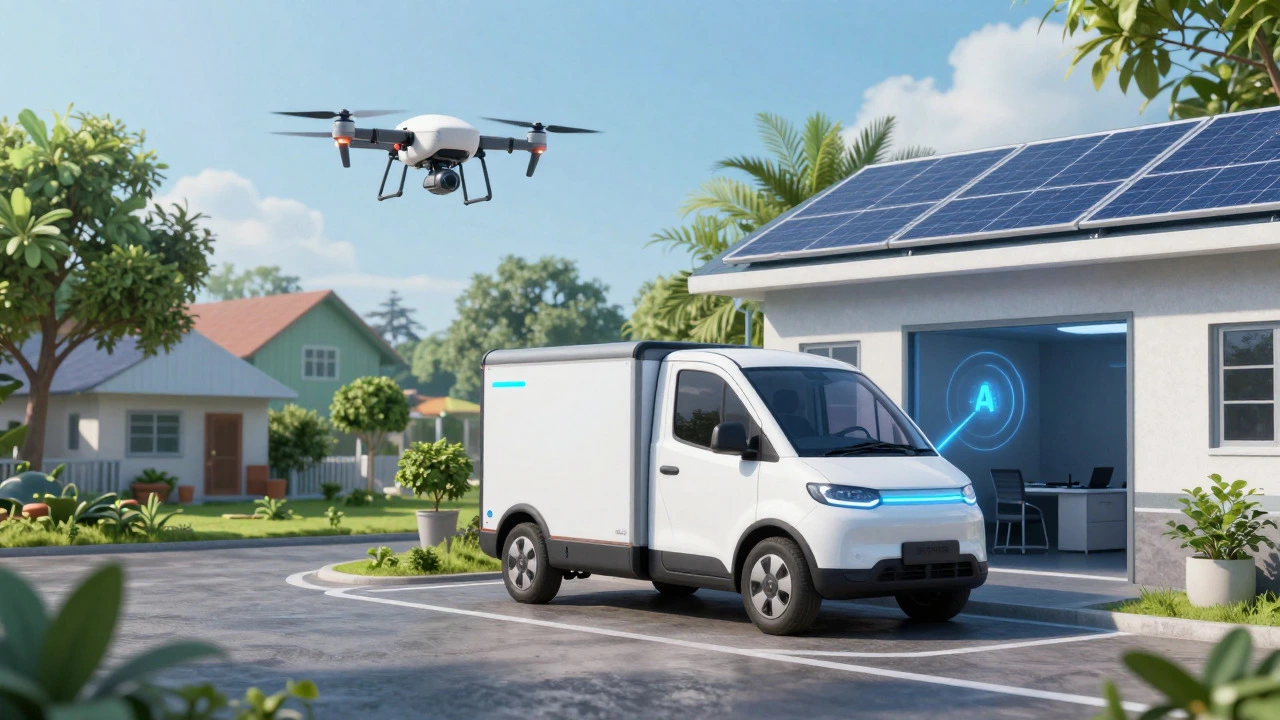 Electric van and drone at micro-fulfillment center