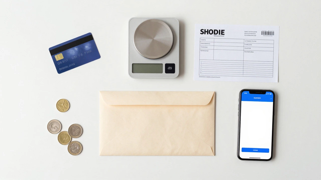 Flat-lay of mailing supplies including envelope, scale, and phone