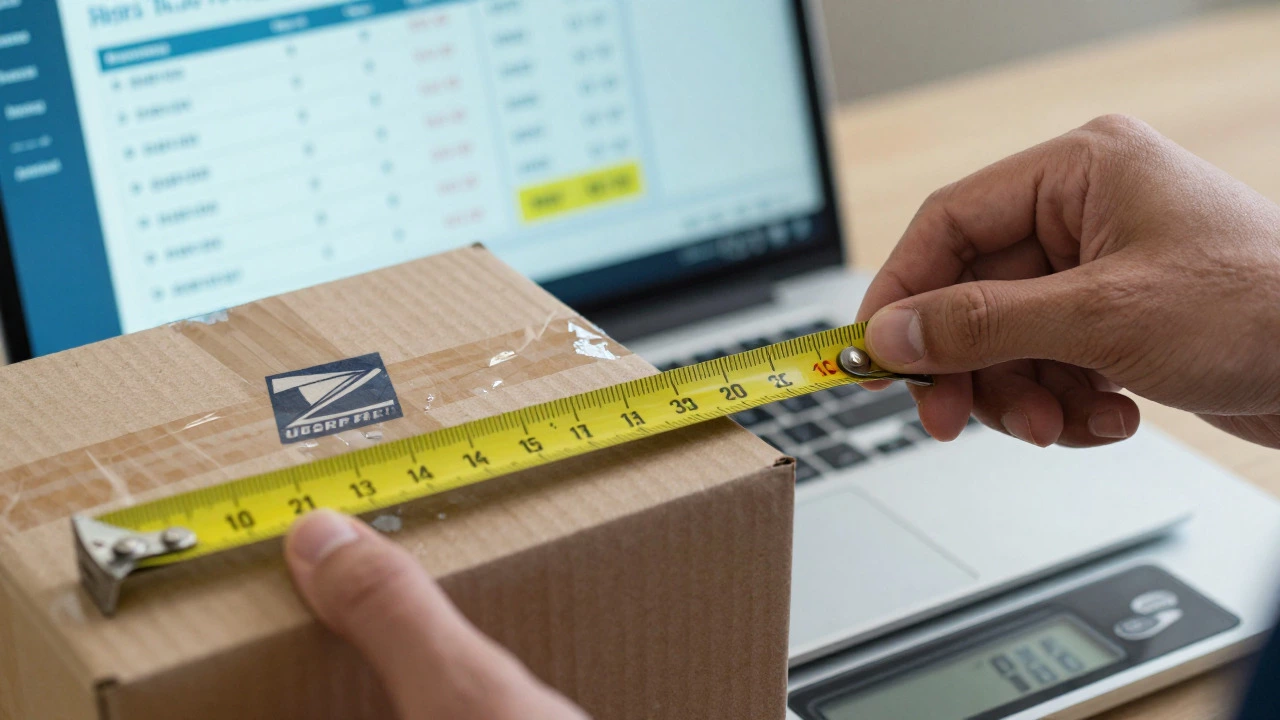 Hands measuring a package box with tape measure and scale for shipping