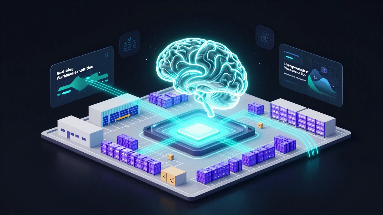 Holographic data visualization showing warehouse management system connectivity