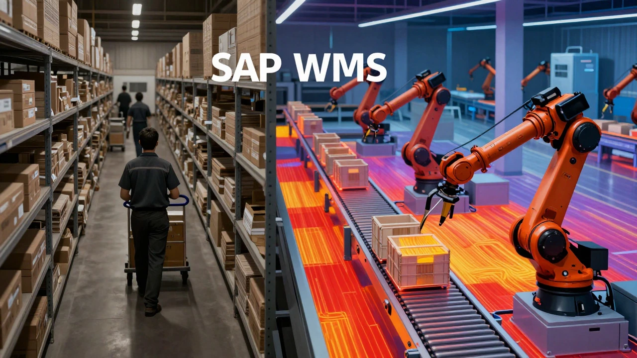 Split image contrasting manual warehouse picking with automated robotic systems