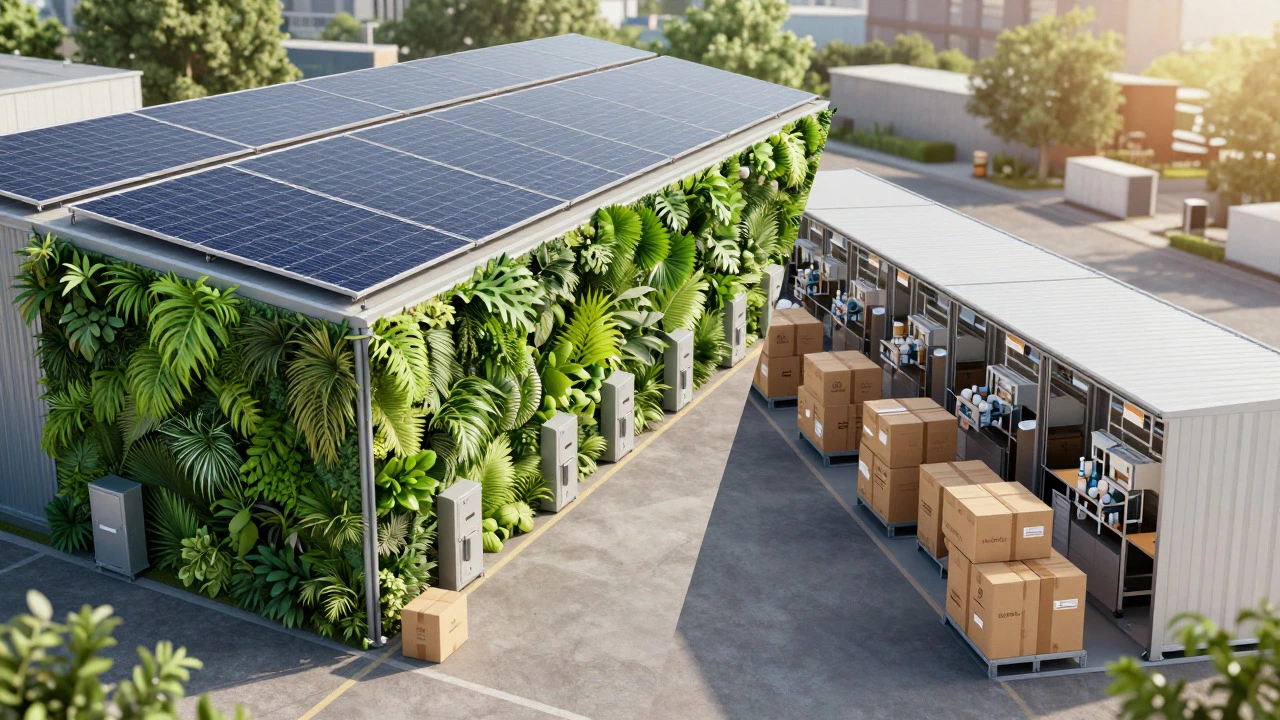 Sustainable micro-fulfillment center with solar panels and green architecture