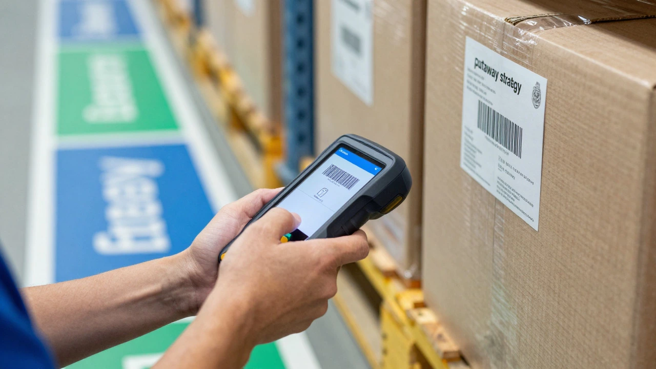 Worker scanning a pallet with a handheld device in a color-coded warehouse aisle