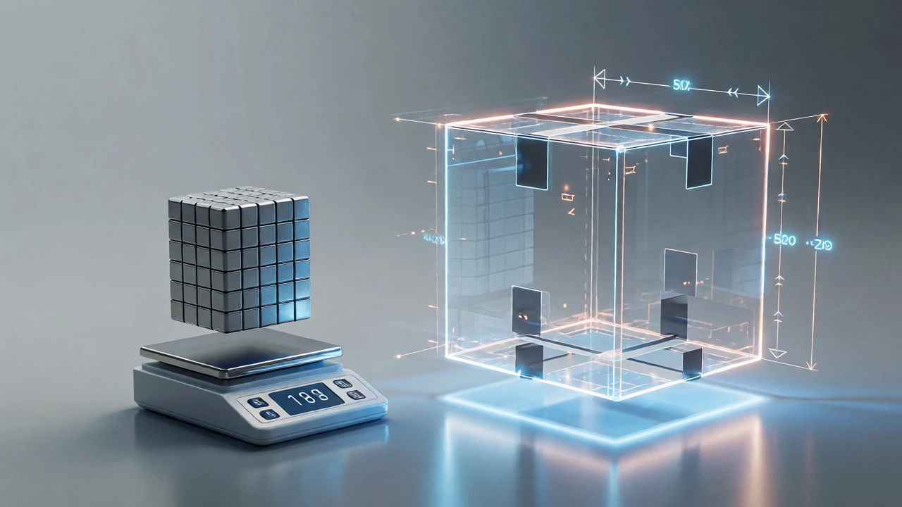Conceptual comparison of a dense small object versus a large voluminous wireframe box.