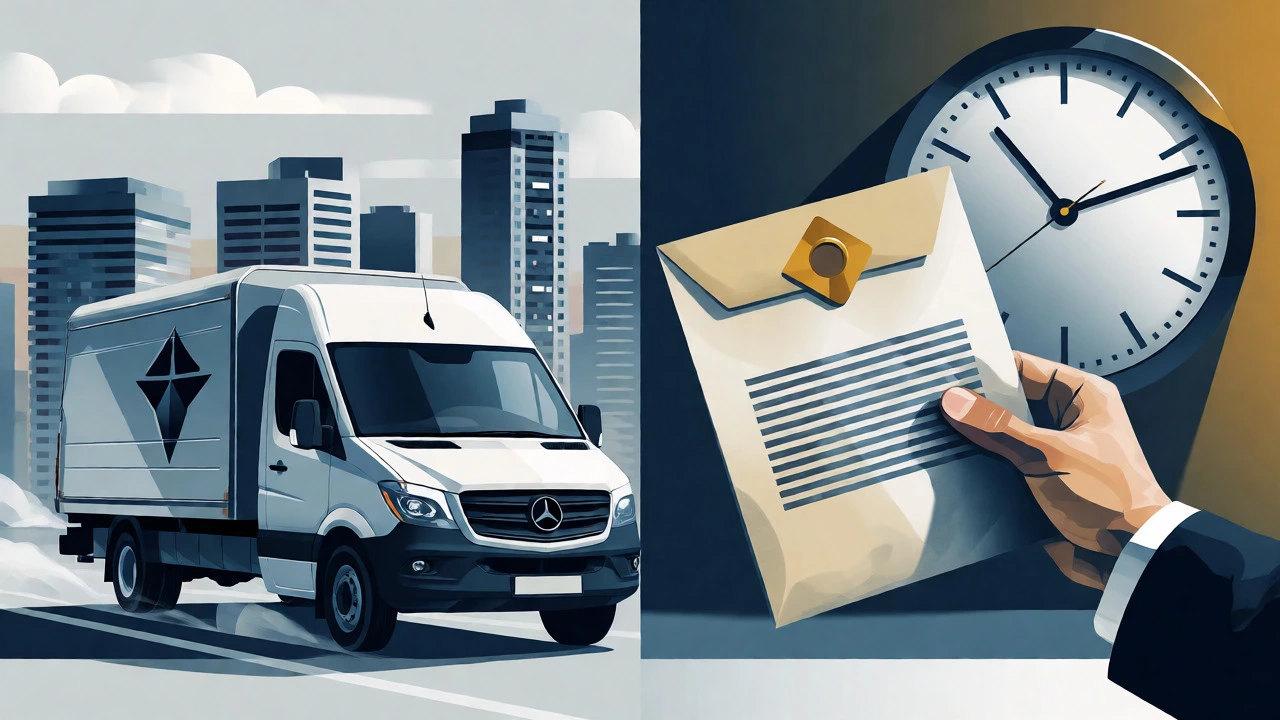 Conceptual image of legal docs and armored van