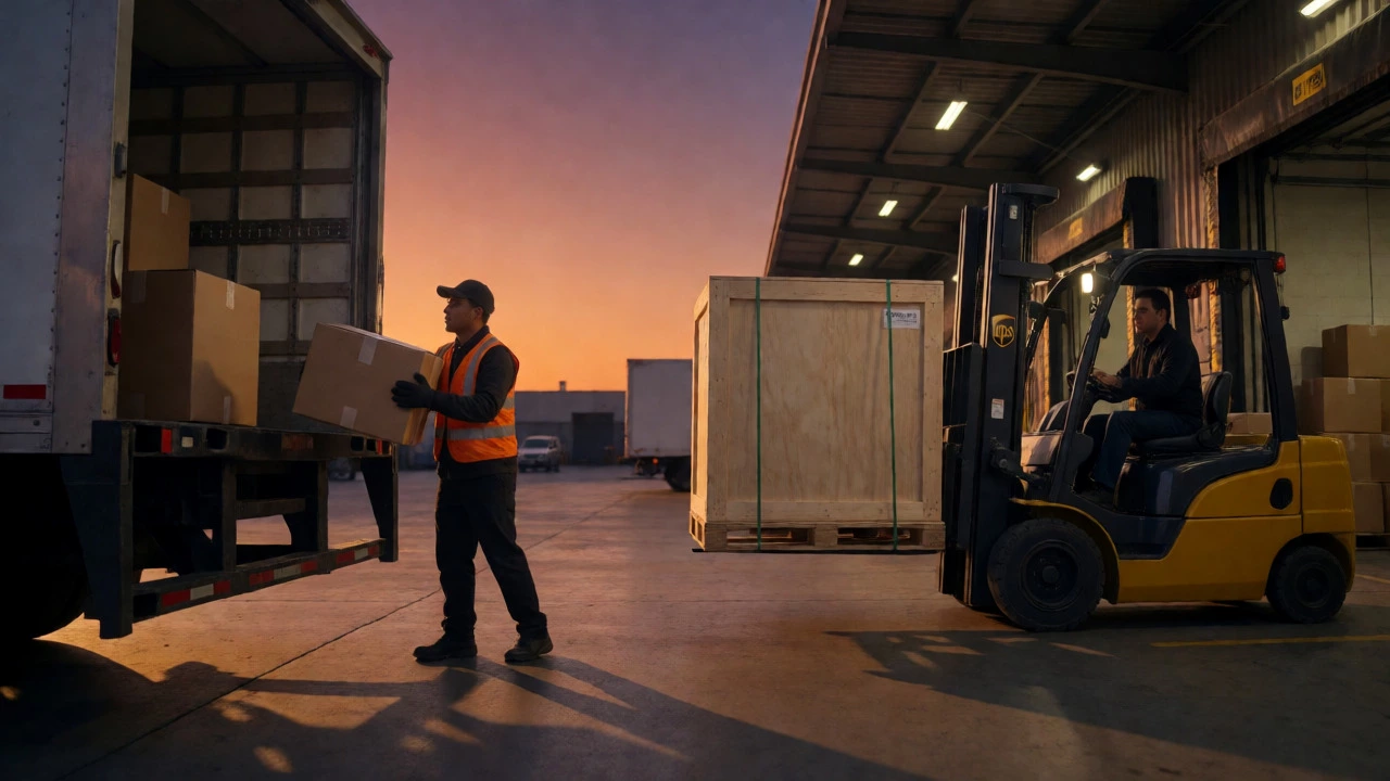 Forklift moving freight pallet beside manual parcel loading