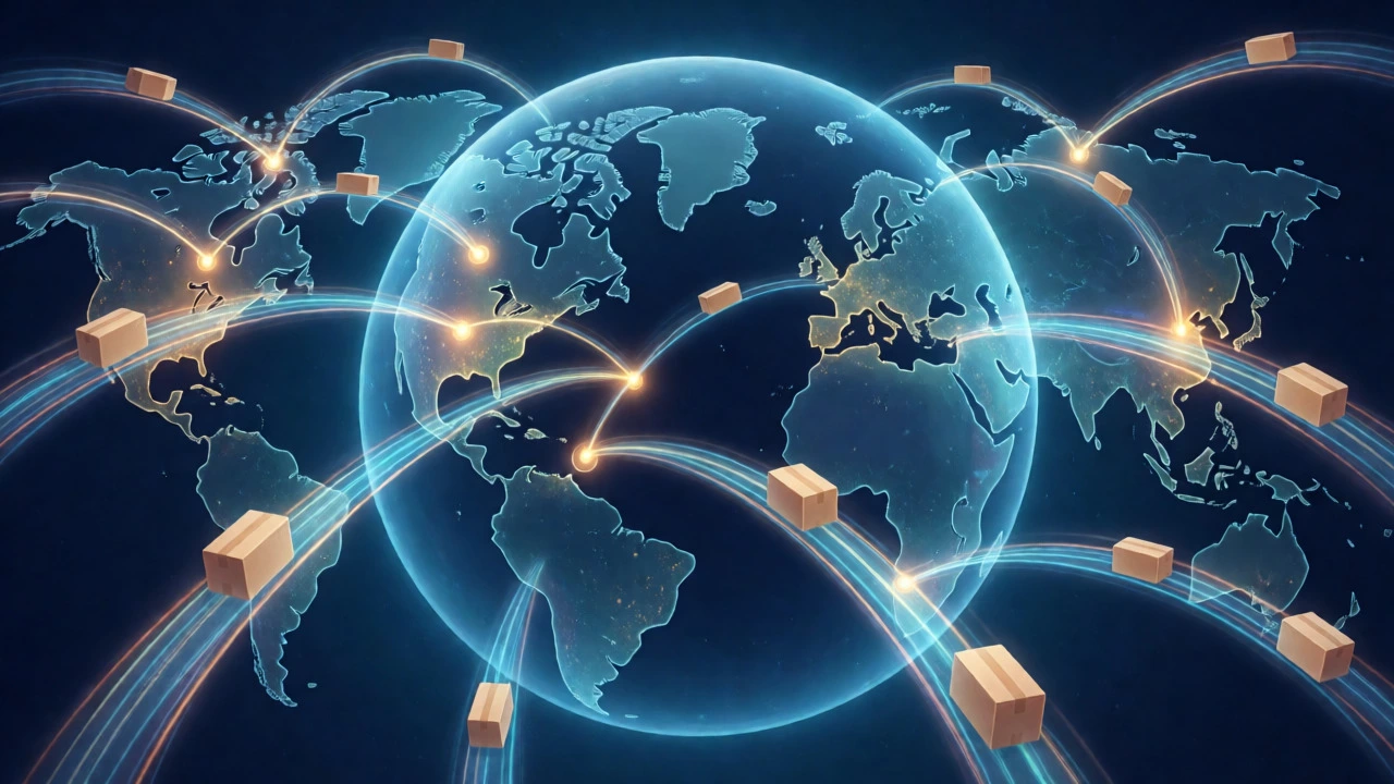 Glowing supply chain lines connecting continents around a globe
