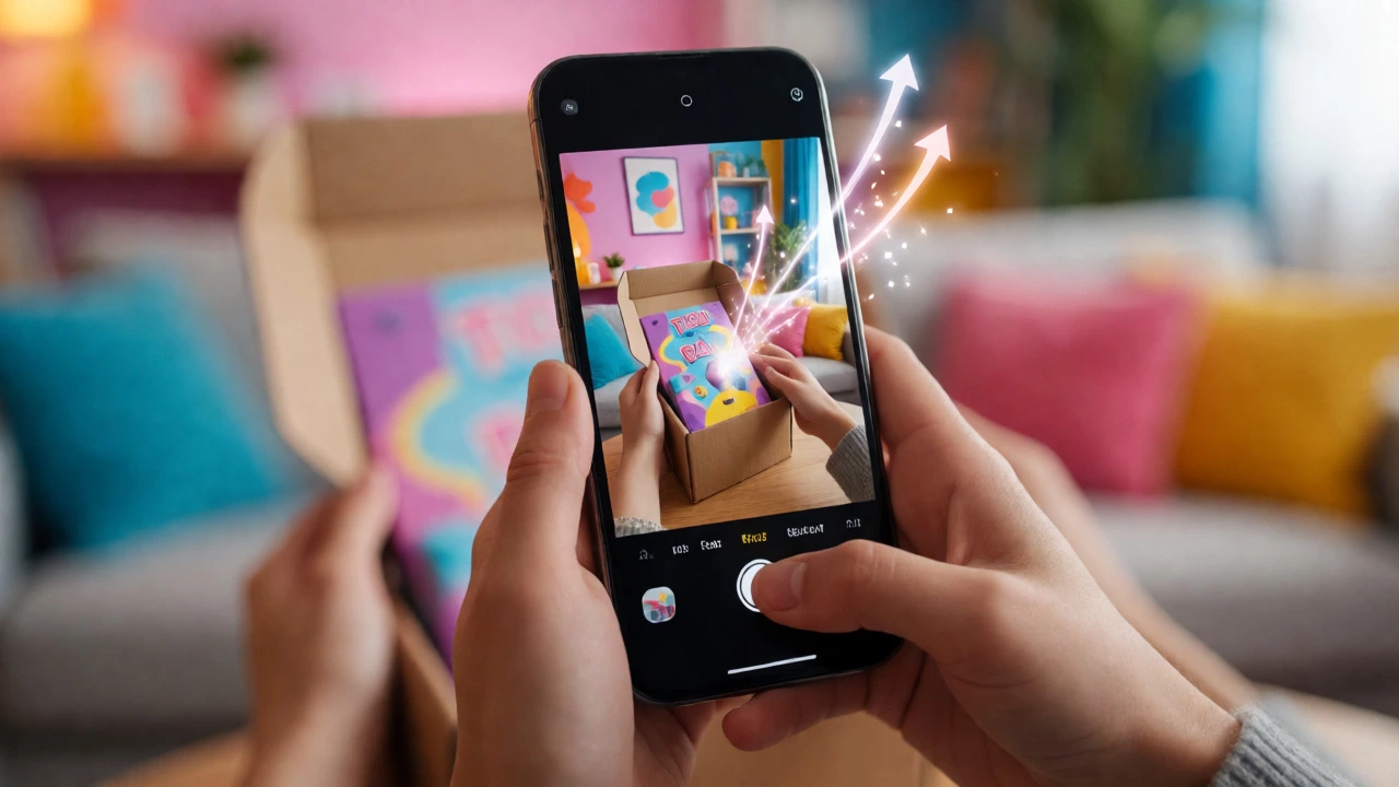 Hands filming a product unboxing video on a smartphone for social media