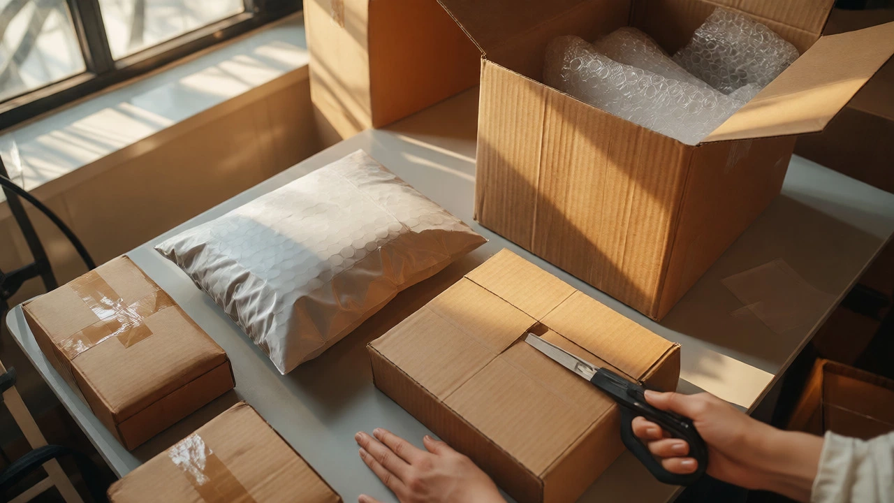 Hands packing a product into a snug box next to an oversized box with excess bubble wrap.