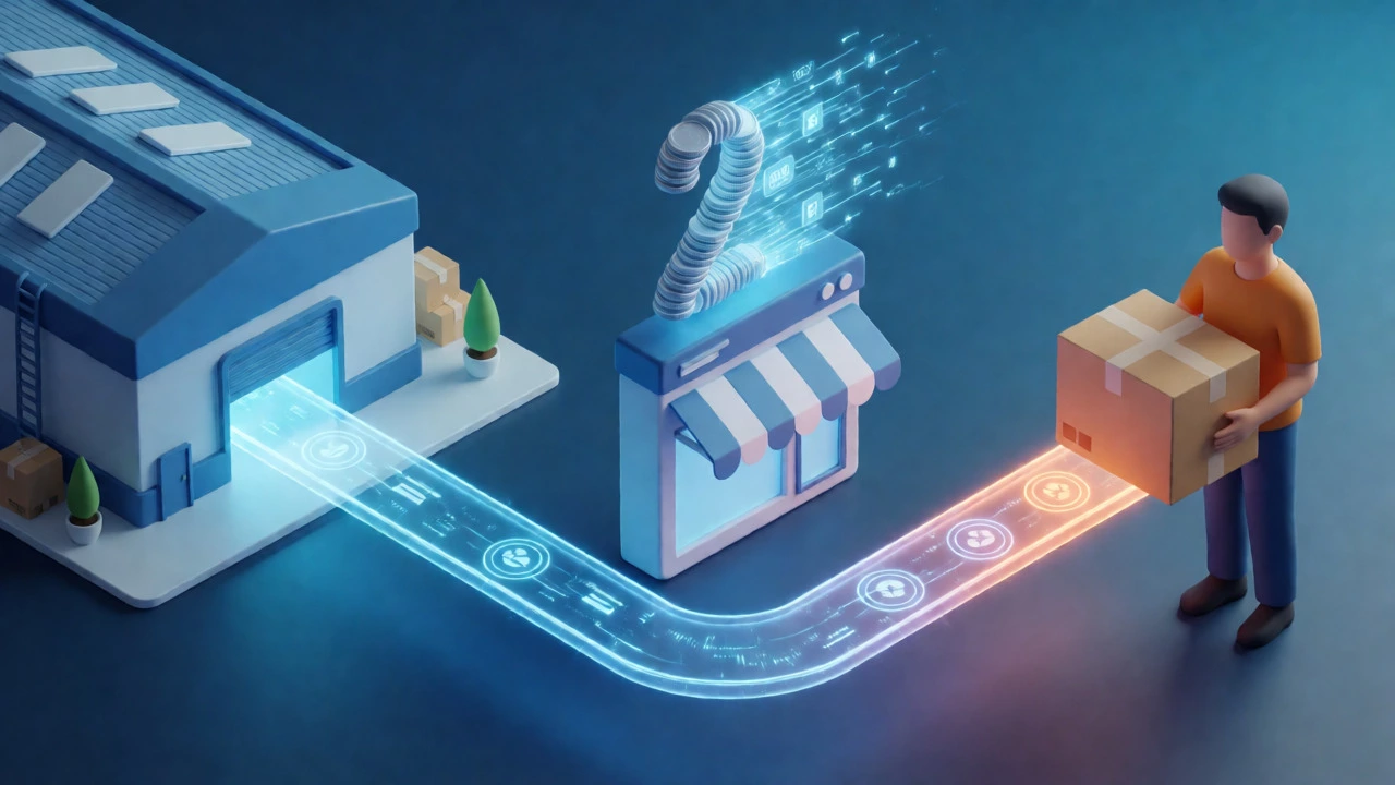 Isometric 3D render showing dropshipping supply chain from supplier to customer