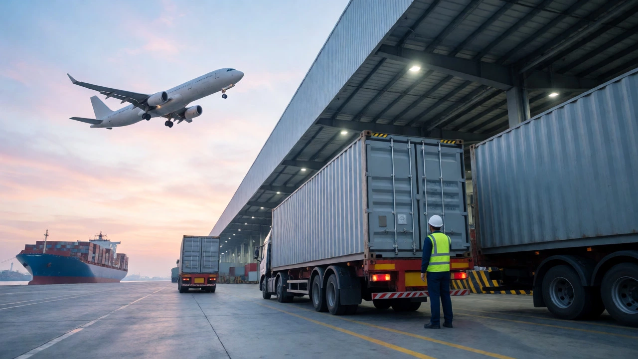 Logistics workers loading cargo near a plane and ship at dawn