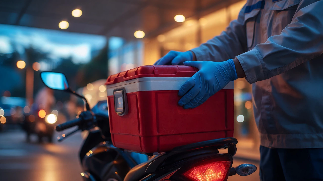 Medical courier securing sample cooler on bike