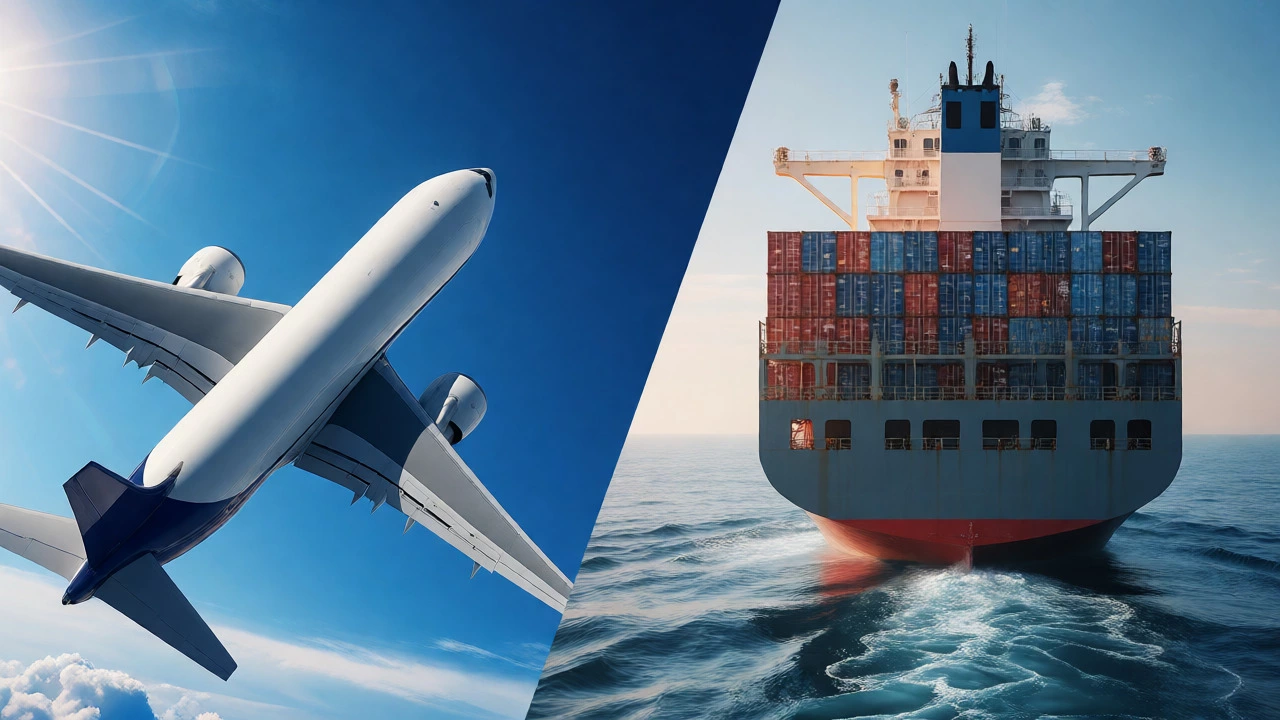 Split view comparing fast air freight planes with slow ocean container ships