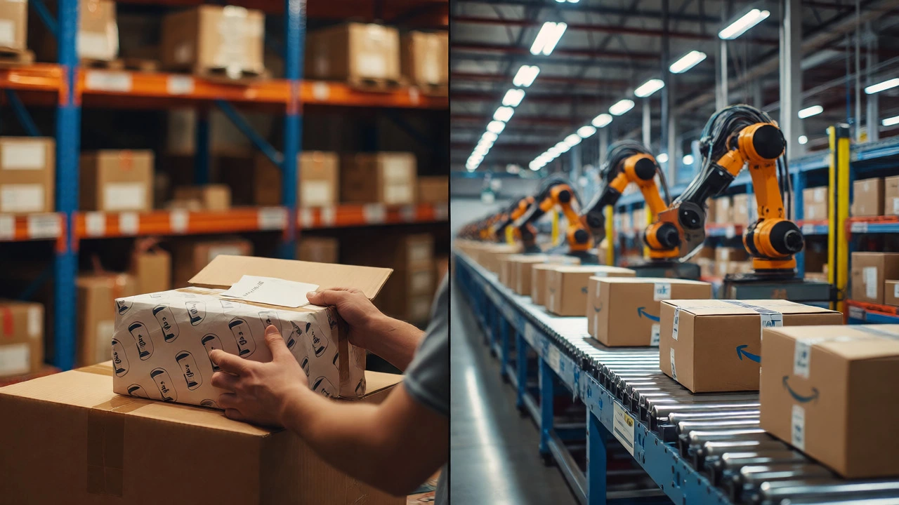 Split view contrasting personalized independent packing with automated Amazon fulfillment center operations.