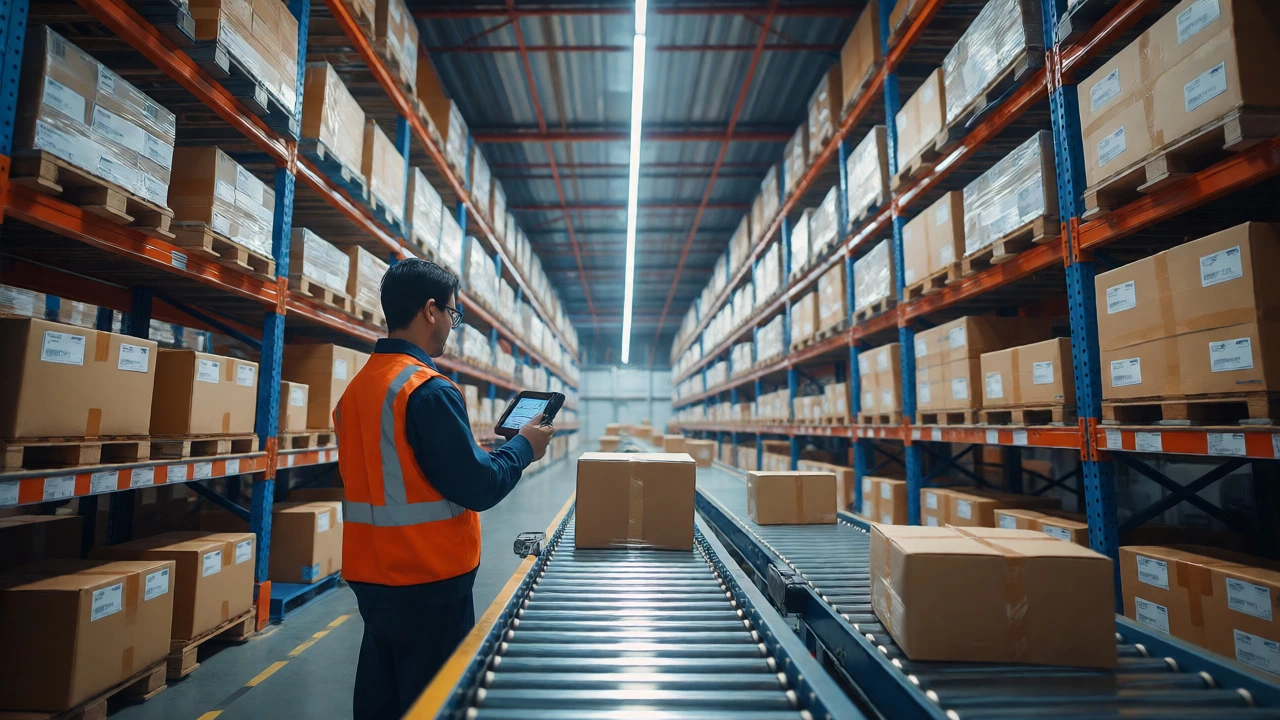 Warehouse workers processing packages in a large logistics facility