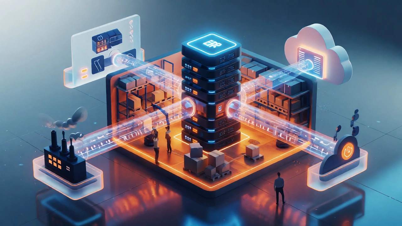 3D visualization of ERP connecting suppliers, e-commerce, and warehouse operations