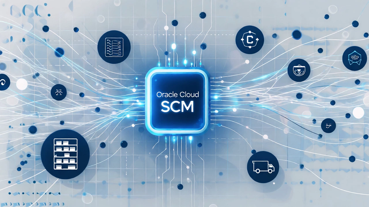 Abstract visualization of Oracle Cloud SCM connecting warehouse, finance, and logistics systems.