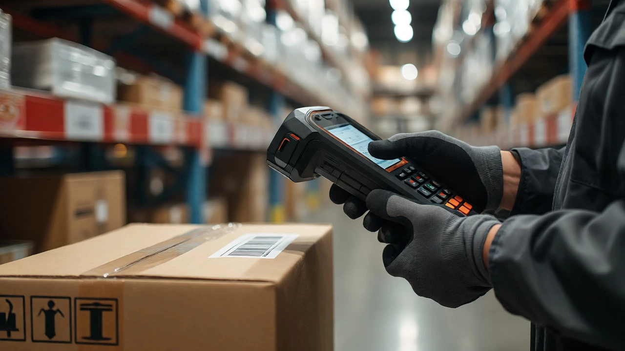 Close-up of a gloved hand scanning a barcode on a package in a busy warehouse aisle.