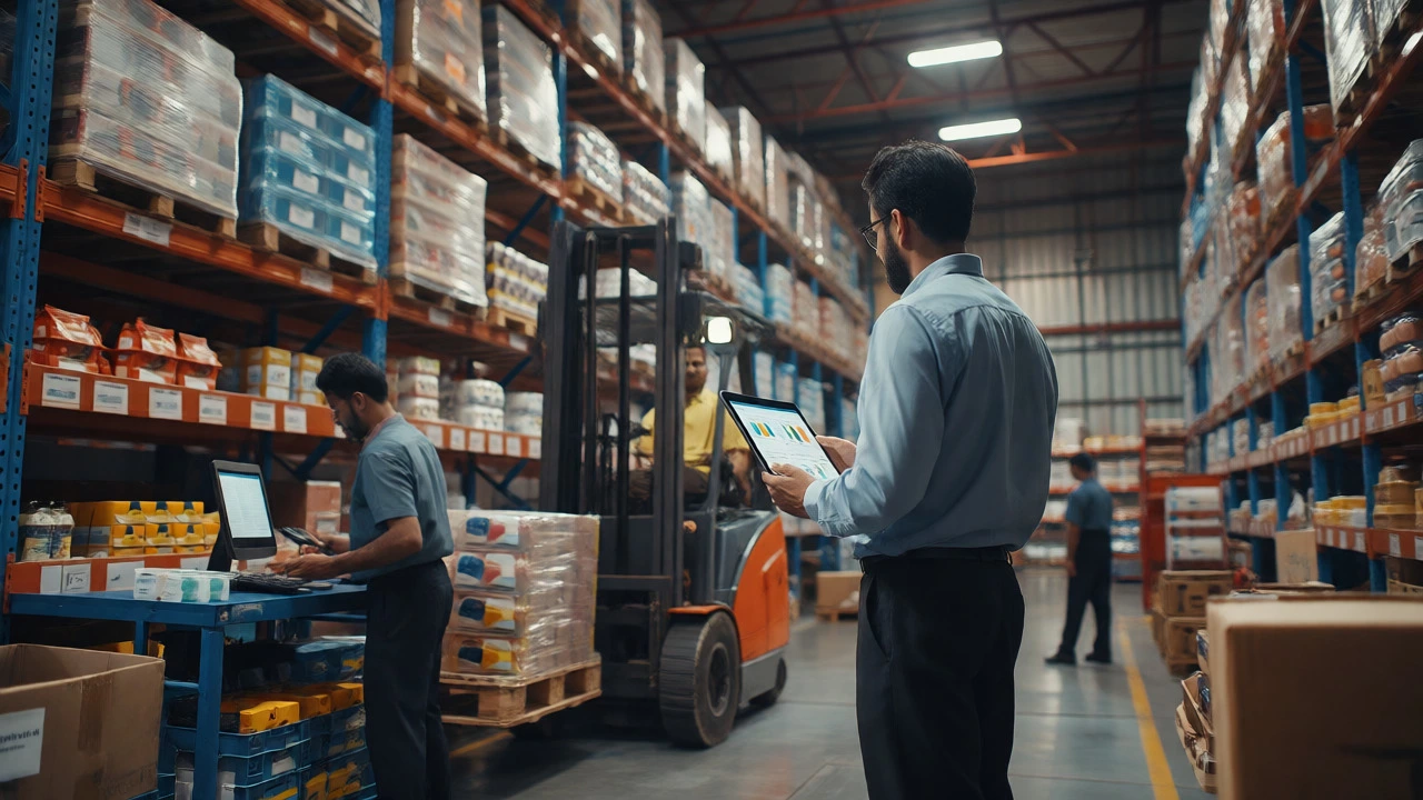 Logistics manager monitoring real-time stock with staff working in an efficient warehouse