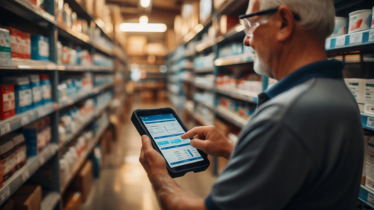 Senior supervisor checking inventory data on a tablet in warehouse
