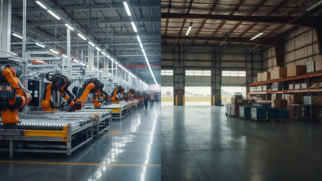 Split view comparing automated urban warehouse with rural facility