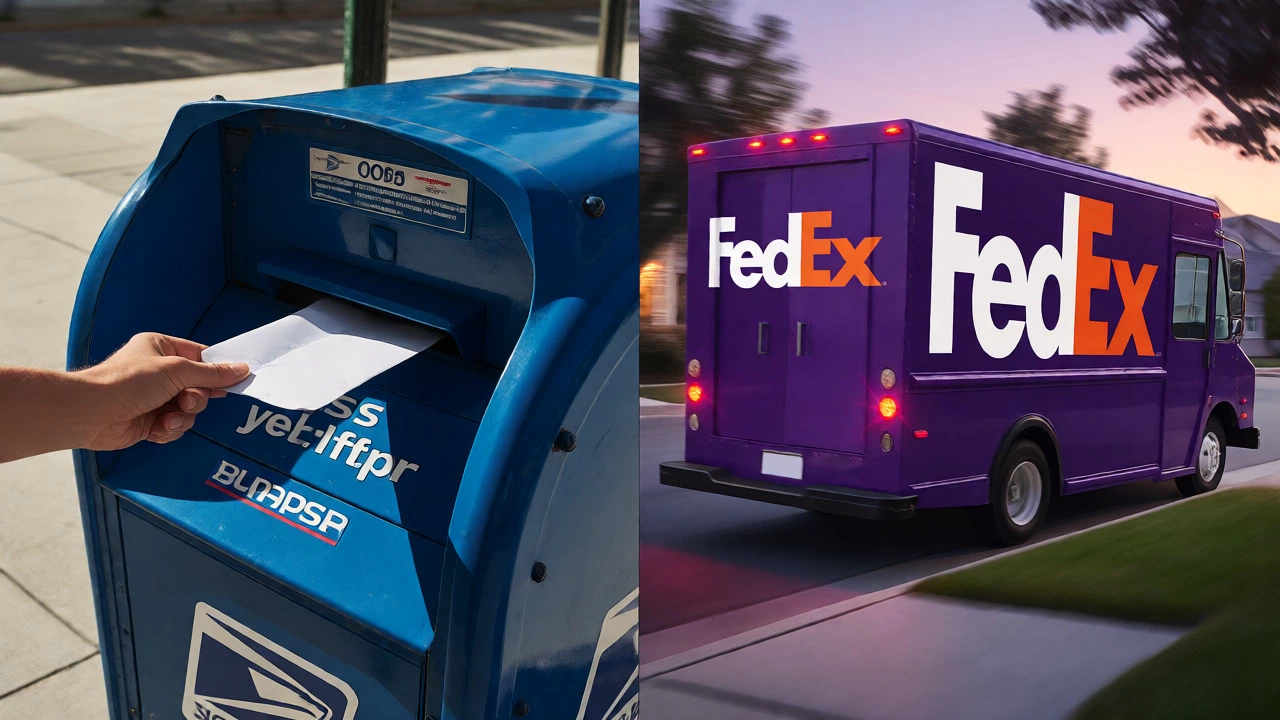 Split view of a blue mailbox drop-off and a departing delivery truck.