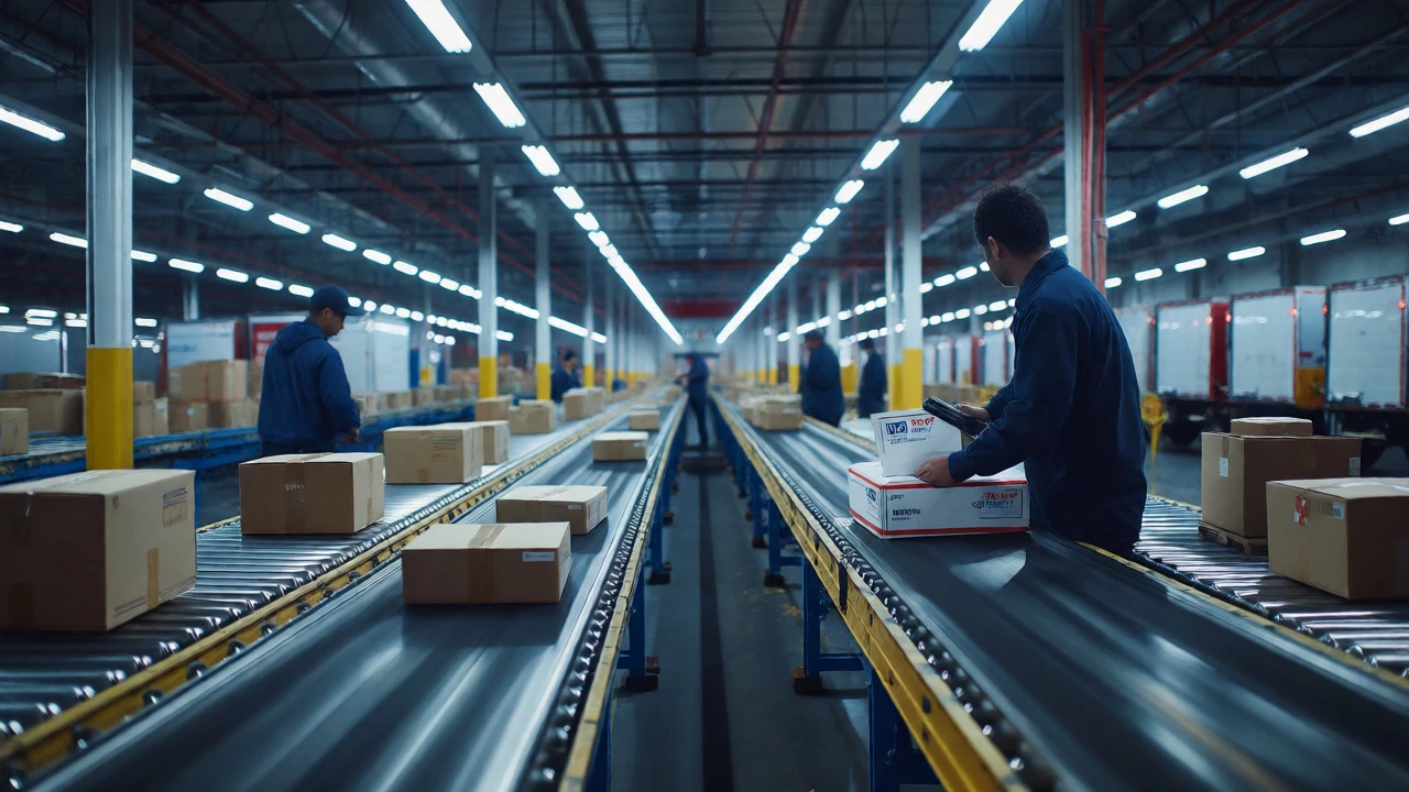 Workers scanning packages on conveyor belts in a night logistics hub.